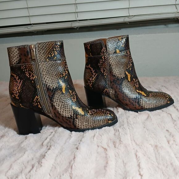 Franco Sarto Brown and Yellow Ankle Booties with Block Heel - Picture 3 of 11